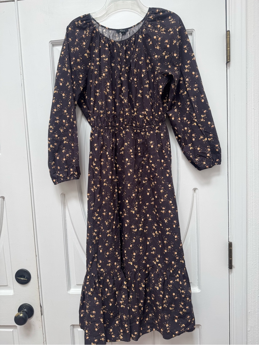 Rails Black Long-Sleeve Floral Midi Dress with Tan Print
